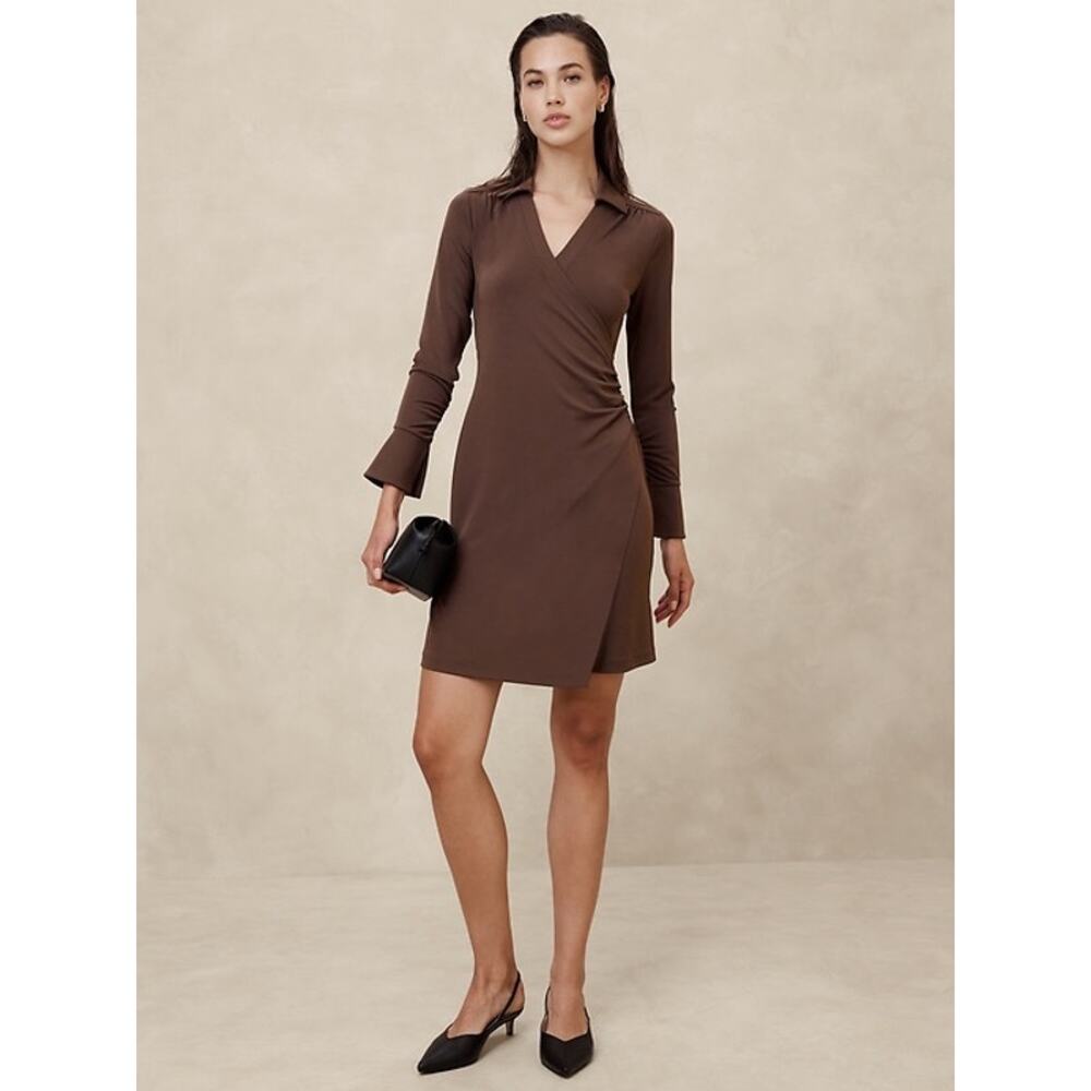 Banana Republic Factory Faux Wrap Knit Mini Dress Dark Oak Size S Tall NWT